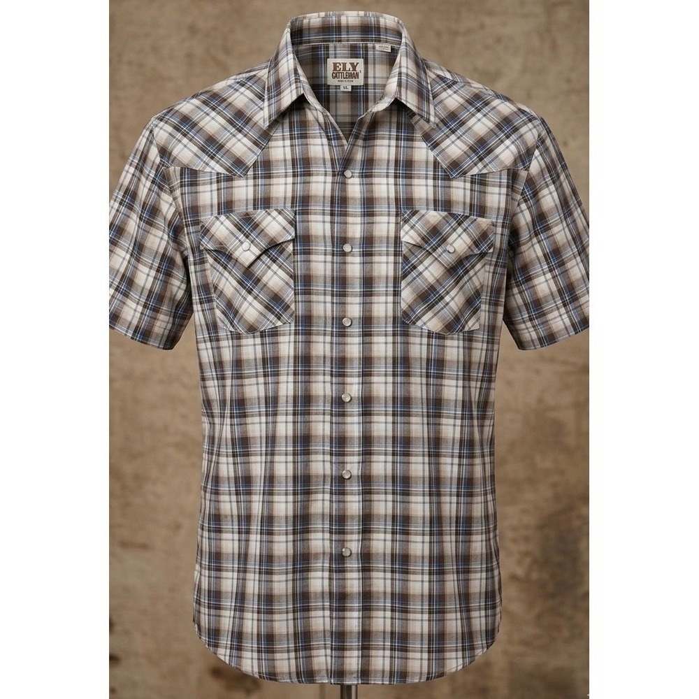 Ely Cattleman Mens XL Western Pearl Snap Shirt Short Sleeve Plaid Blue Brown
